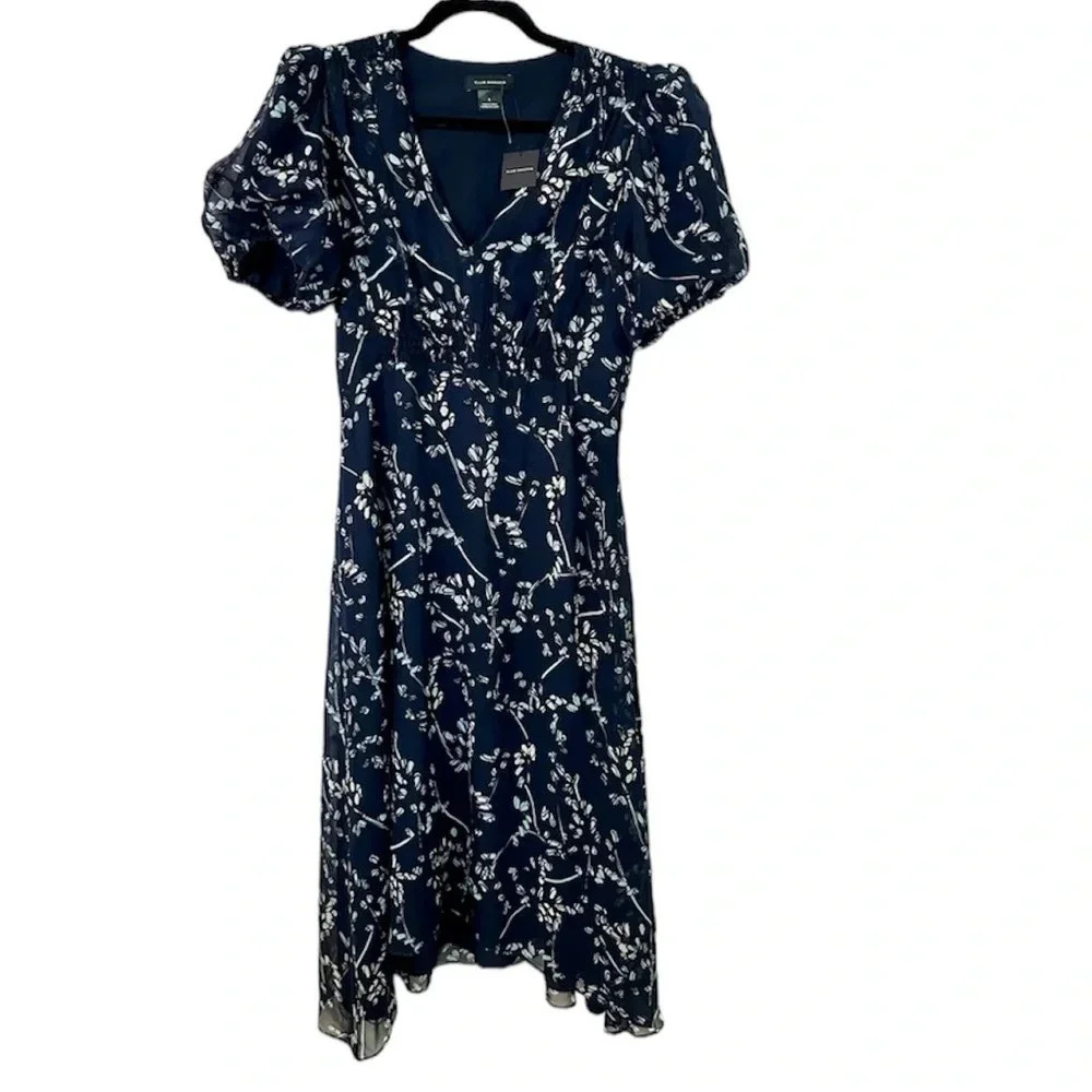 Club Monaco Women’s Silk V-Neck Puff Sleeve Navy Multi V Neck Dress Size 6 NWT